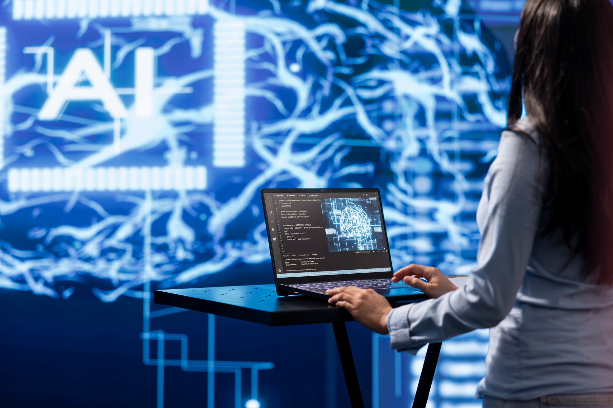 AI computer scientist using notebook for business data analysis