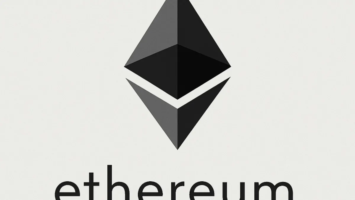 Black Ethereum diamond logo above the word ethereum on a light gray background