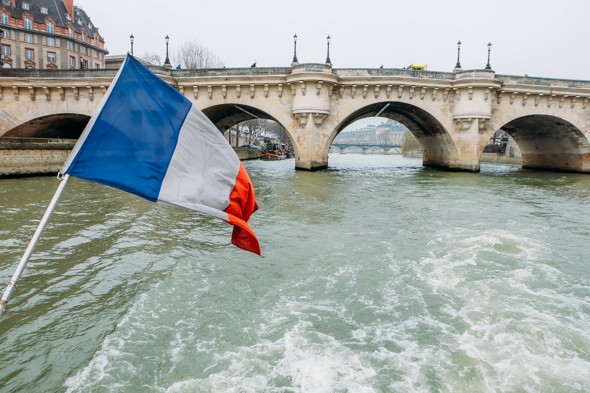 French Flag on the river seine in Paris, France